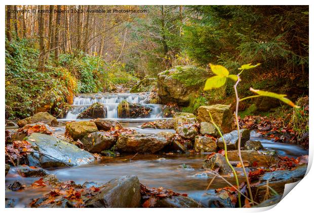 Autumn forest and river scene with waterfall. Long exposure. Seasonal vibes and warm atmosphere. Print by Kristof Bellens
