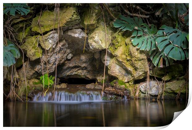 tropical garden pond with waterfall and rock wall Print by Kristof Bellens
