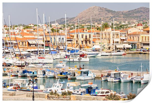 Bustling port of Aegina Print by Laszlo Konya
