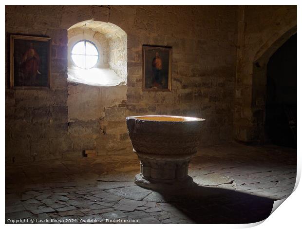 Baptismal font - Boadilla del Camino Print by Laszlo Konya