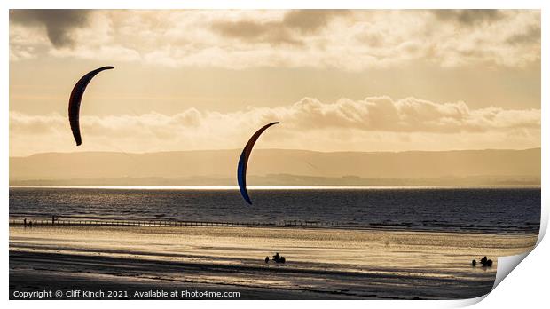 Kite Buggies on golden sands Print by Cliff Kinch