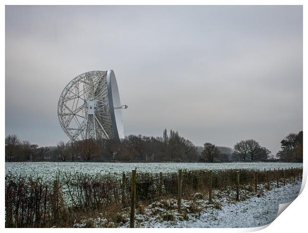 Jodrell Bank in a snow covered field  Print by Vicky Outen