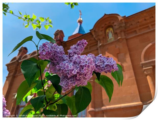 lilac flower, against the blue sky and the cross of the church Print by Vitalii Kryvolapov