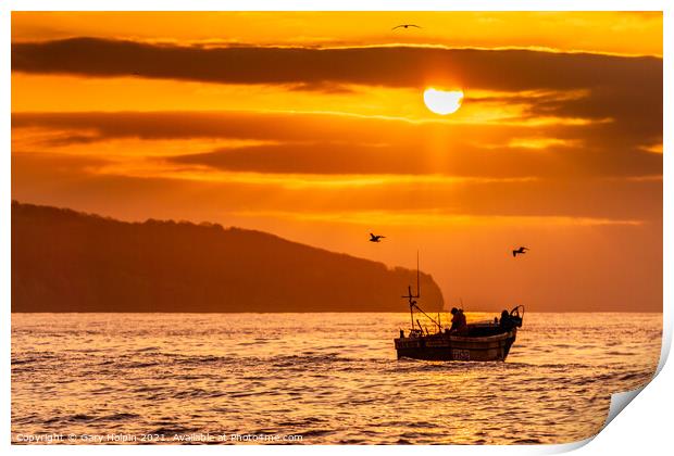 Fishing boat at sunrise Print by Gary Holpin