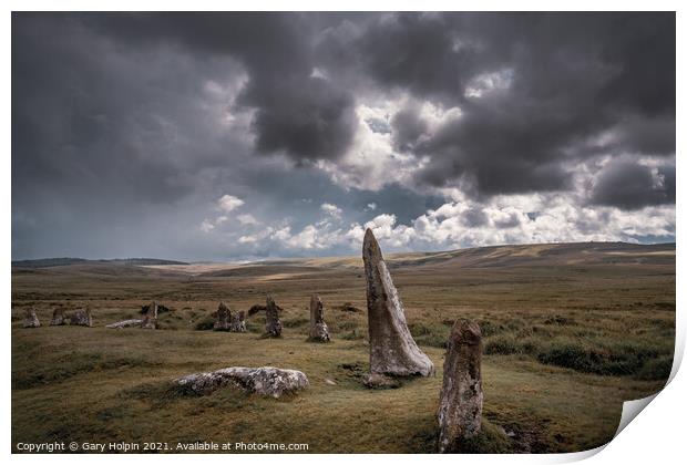 Stormy day at Scorhill stone circle Print by Gary Holpin