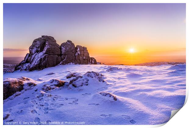 Snowy sunrise at Haytor, Dartmoor Print by Gary Holpin