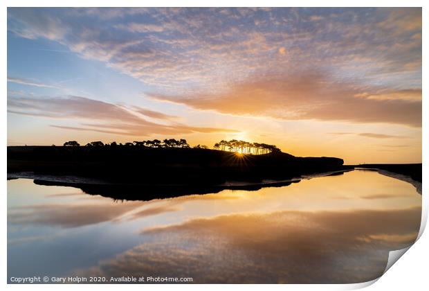 Sunrise over the iconic treeline at Budleigh Salterton Print by Gary Holpin