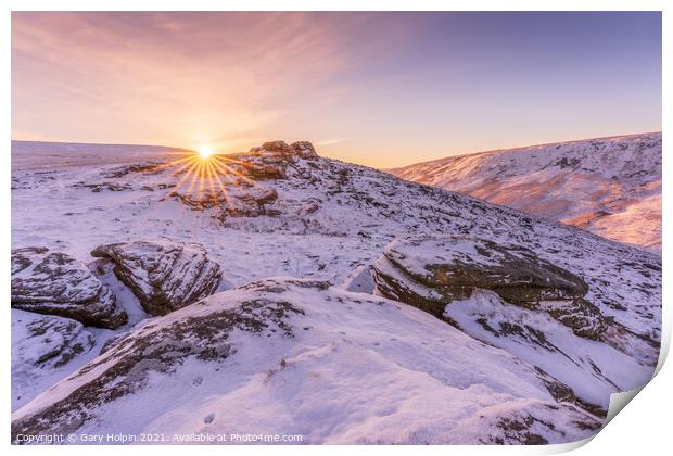 Winter sunrise over Black Tor, Dartmoor Print by Gary Holpin