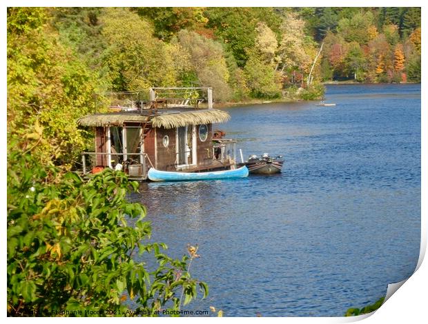 Houseboat and blue canoe Print by Stephanie Moore