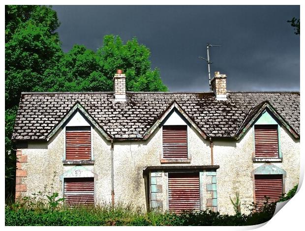 Abandoned house under black clouds Print by Stephanie Moore