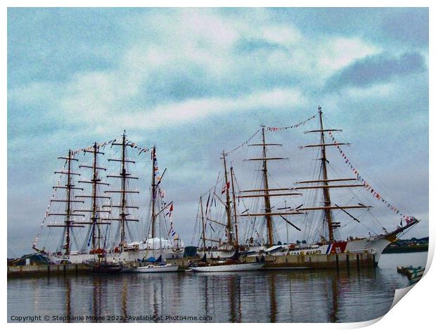 Tall ships at Dusk Print by Stephanie Moore