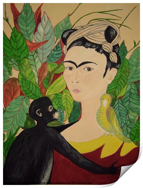 Frida with Monkey and bird Print by Stephanie Moore