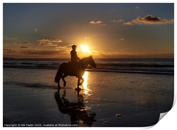 Horse riding on the beach Print by Nik Taylor