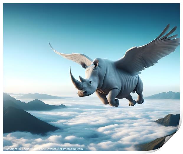 A huge flying rhino with bird wings as generative ai Print by Engin Sezer
