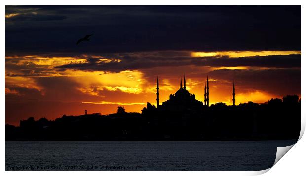 Sunset At Istanbul with Silhouette Of The Blue Mosque Print by Engin Sezer