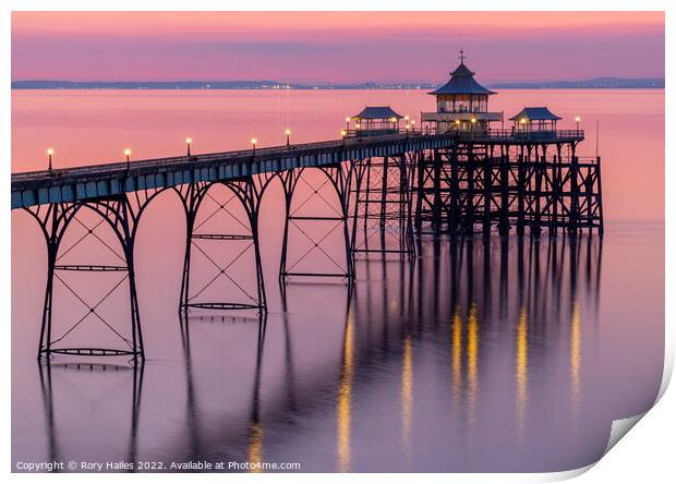 Clevedon Pier with its lights on Print by Rory Hailes