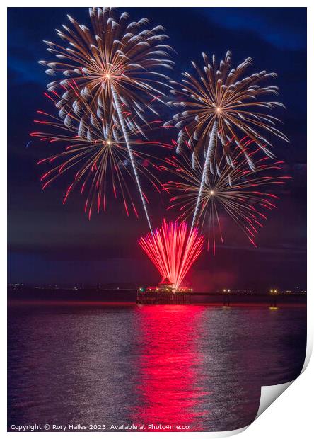 Clevedon Pier Coronation Fireworks on a calm and t Print by Rory Hailes