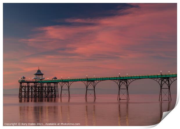 Clevedon Pier at sunset on a calm evening Print by Rory Hailes