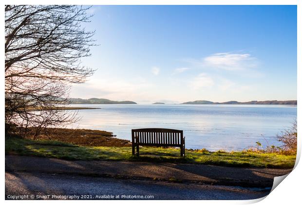 An empty wooden seat or bench over looking the sea at Kirkcudbright Bay Print by SnapT Photography