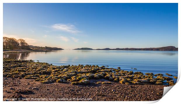 Rocky beach at low tide on a winters morning at Kirkcudbright Bay Print by SnapT Photography