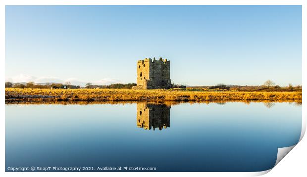 Threave Castle reflecting on the River Dee in the winter sun and ground frost Print by SnapT Photography