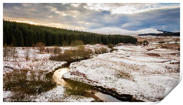 Sunset over a snow covered Big Water of Fleet valley at the railway viaduct Print by SnapT Photography