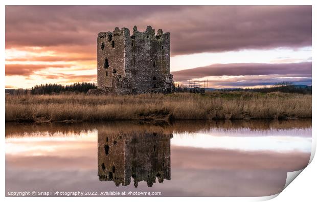 Winter sunset over Threave Castle, reflecting on the River Dee, Scotland Print by SnapT Photography