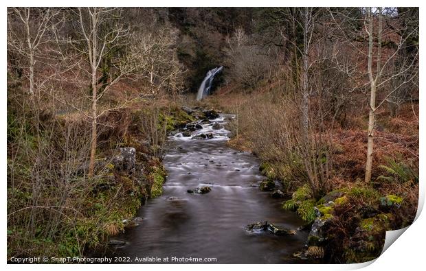 Grey Mare's Tail Waterfall and burn in winter, Galloway Forest Park, Scotland Print by SnapT Photography