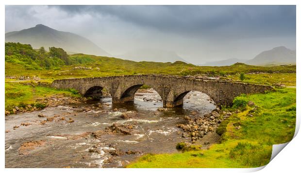Sligachan bridge by the River Sligachan, on a overcast summers morning on the Isle of Skye, Scotland, with the Cuillin Mountains in the background. Print by SnapT Photography