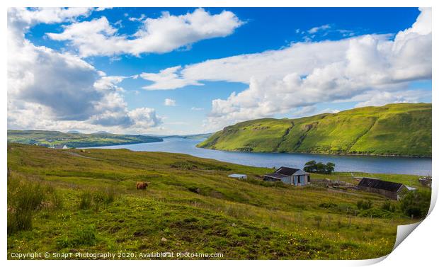 A view across Loch Harport on the Isle of Skye, with a Highland cow grazing Print by SnapT Photography