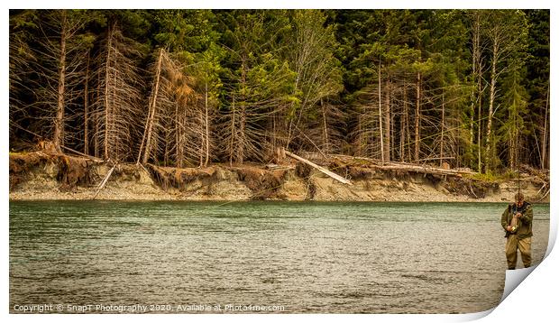 A man hooked into a fish while fly fishing in British Columbia, near Kitimat Print by SnapT Photography