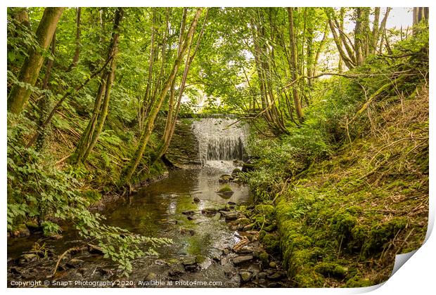 Water flowing over an old weir and through a woodland, over stones Print by SnapT Photography