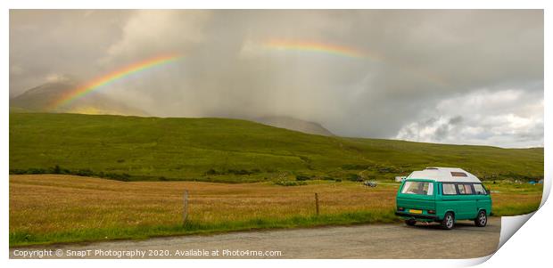 An old green camper van in the shadow of misty mountains and a rainbow Print by SnapT Photography