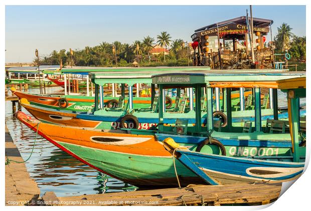Colorful Vietnamese traditional boats, moored on the harbour wall, Hoi An, Vietnam - January 10th, 2015 Print by SnapT Photography