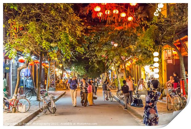 Le loi street at night, with lanterns, trees and suit shops, Hoi An, Vietnam - January 10th, 2015 Print by SnapT Photography