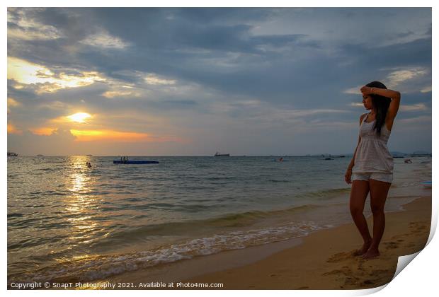 An Asian women walking on Ba Keo beach at sunset,  Print by SnapT Photography