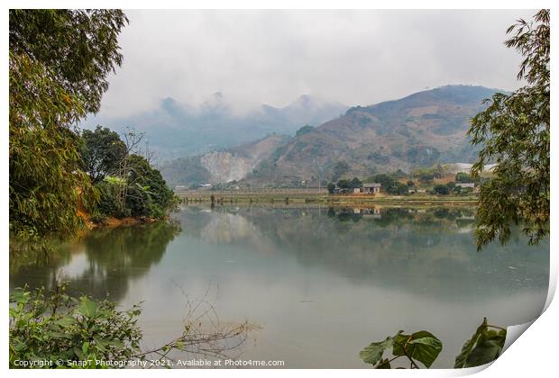 A mountain reflection on a lake in a rice paddy, Sapa, Vietnam Print by SnapT Photography