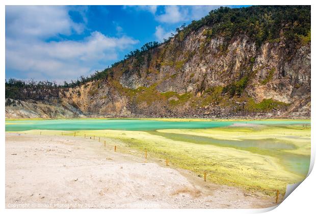 The yellow sulphur deposits and blue lake of Kawah Putih, Indonesia Print by SnapT Photography