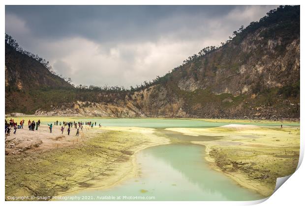 Tourists at the volcanic sulphur crater lake of Kawah Putih, Indonesia Print by SnapT Photography
