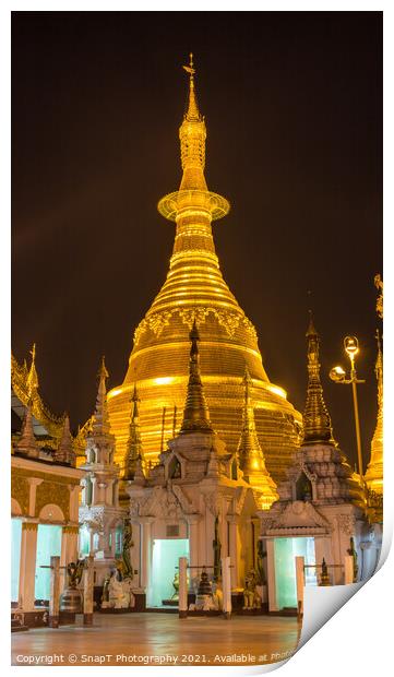 The Shwedagon Pagoda in Yangon illuminated at night Print by SnapT Photography