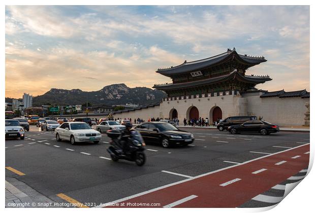 Gwanghwamun Gate at Gyeongbokgung Palace at sunset, Seoul, South Korea Print by SnapT Photography