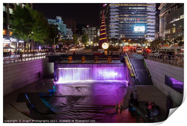 Cheonggye Plaza and the Cheonggyecheon Stream at night, Seoul, South Korea Print by SnapT Photography