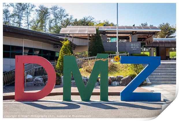 The DMZ sign at the third tunnel of aggression, Demilitarized Zone, South Korea Print by SnapT Photography