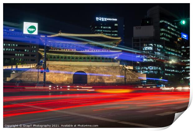 Long exposure of the traffic on the road at Sungnyemun Gate at night in Seoul Print by SnapT Photography