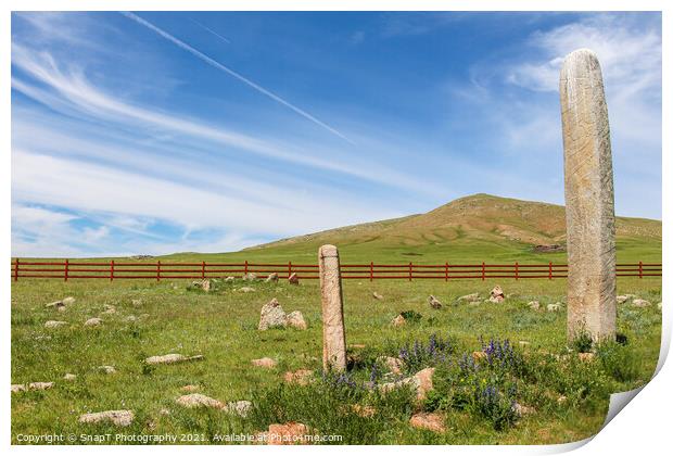 Standing deer stones on a Mongolian hill Print by SnapT Photography