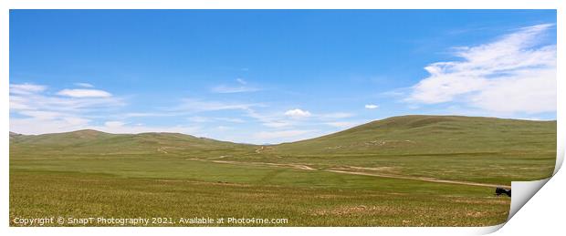 Tour guides parked on the Mongolian grassland Print by SnapT Photography