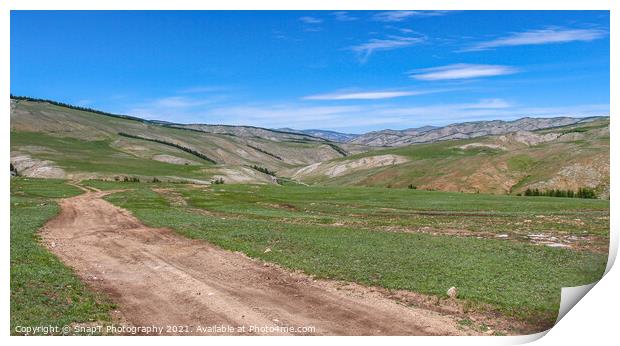 Dirt track leading up a Mongolian grassland valley on a summer day Print by SnapT Photography