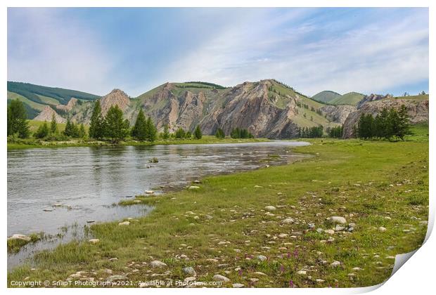 Early morning on the Delger Moron River in Mongolia Print by SnapT Photography