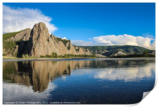 A mountain reflecting on the Delger Murun River in Mongolia in the evening sun Print by SnapT Photography