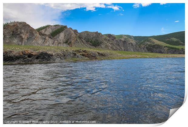 A fast river in Mongolia, with mountains and blue sky Print by SnapT Photography